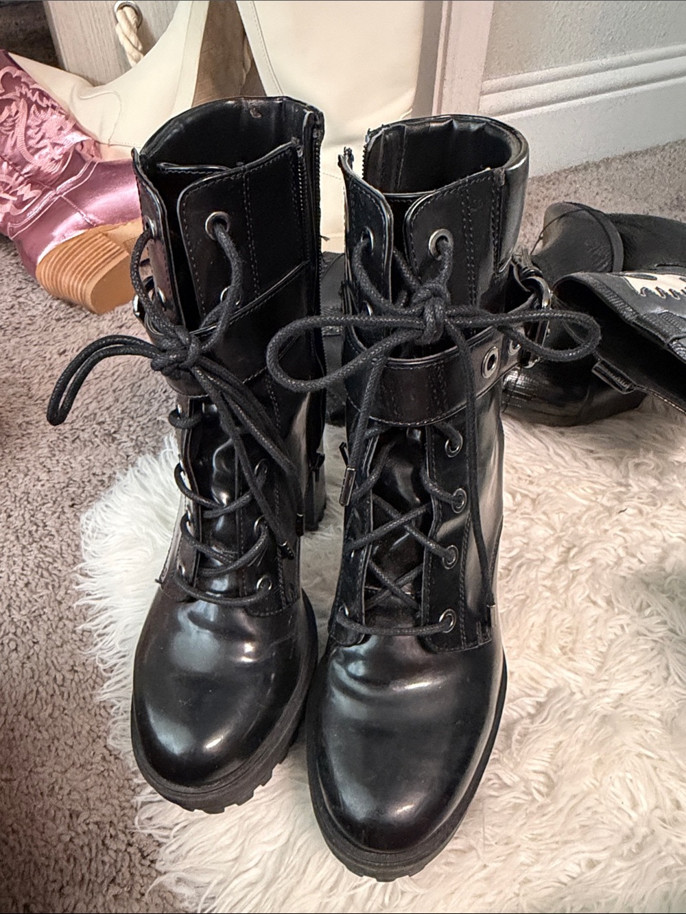 Bershka Black Lace-Up Combat Boots with Side Zipper